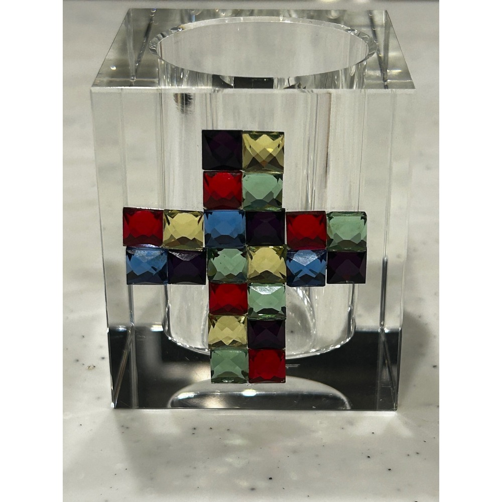 Oleg Cassini Crystal Jeweled Cross Votive Candle Holder Signed Clear Multi-Color